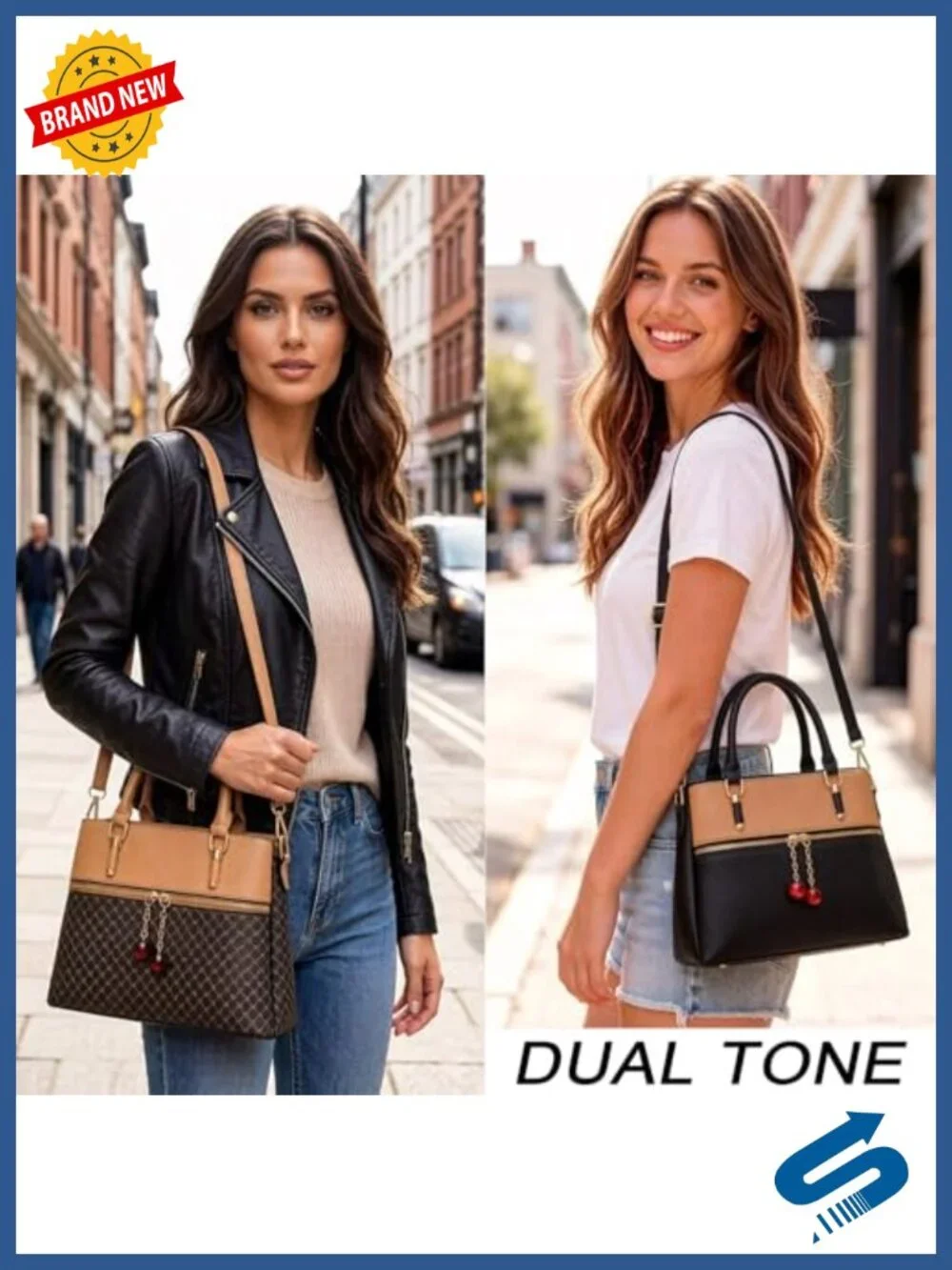 Dual-tone Leather Faux Leather 3-Zip Compartment Tote Bag Crossbody Shoulder